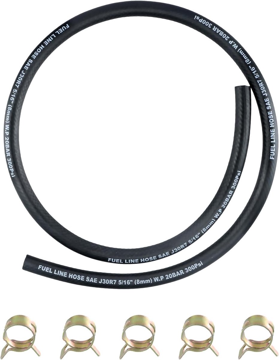 SnelShoppen - Brandstofslang Set 1m met 5 Slangklemmen, 8mm Binnenmaat Benzineslang/Dieselslang voor Motoren, Grasmaaiers, Scooters, Tractors