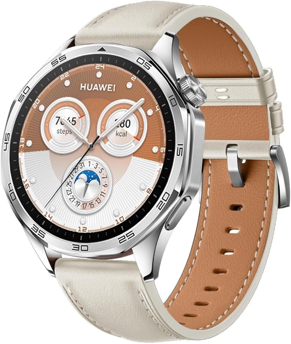 SnelShoppen - GIOPUEY Vervangband voor Huawei Watch GT 5/5 Pro 46mm, Echt Leer, Slijtvaste en Ademend Horlogebandje in Wit, Unisex, Stijlvol en Comfor