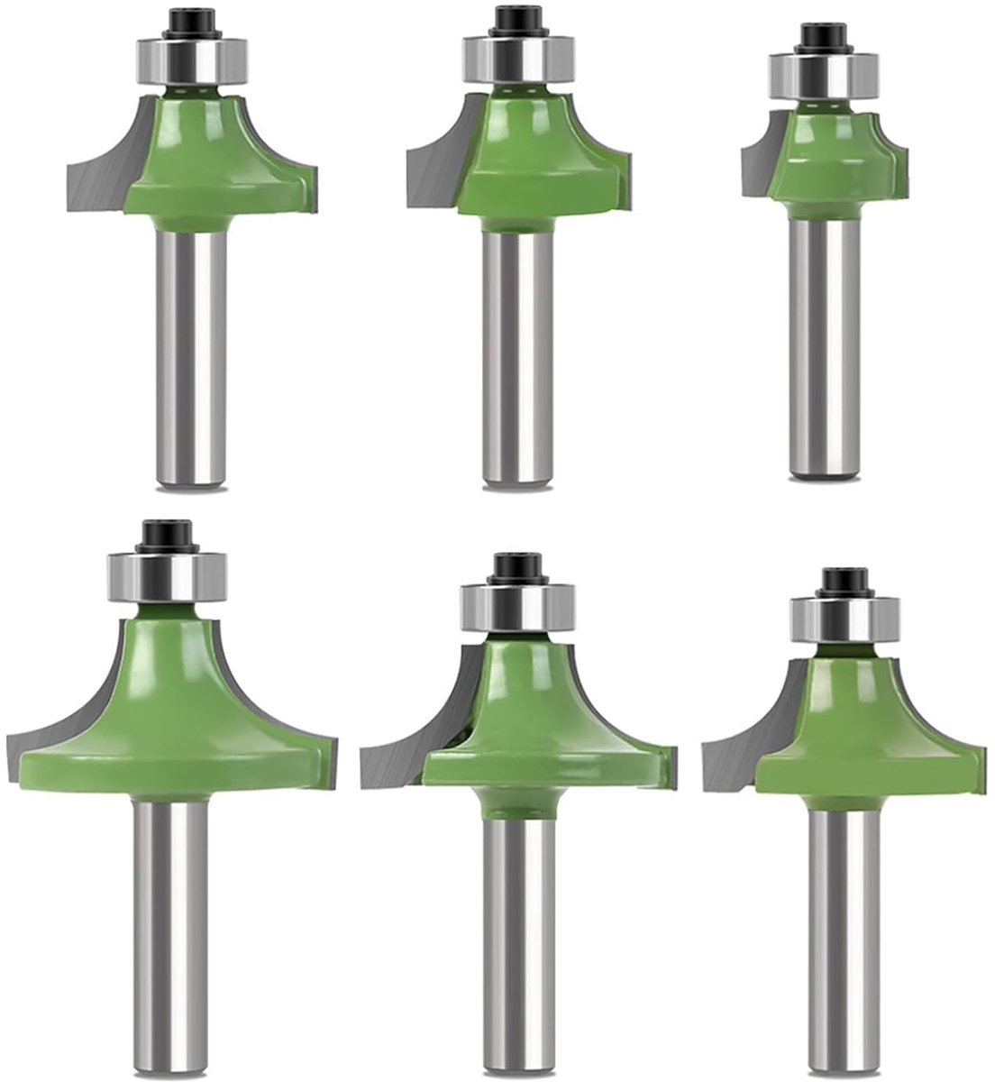 SnelShoppen - Set van 6 Ronde Hoek Freesbits voor Houtbewerking - Carbide met Lagers - 8 mm Schacht - Radii 1/4" tot 1" - Voor Tafelfreesmachine