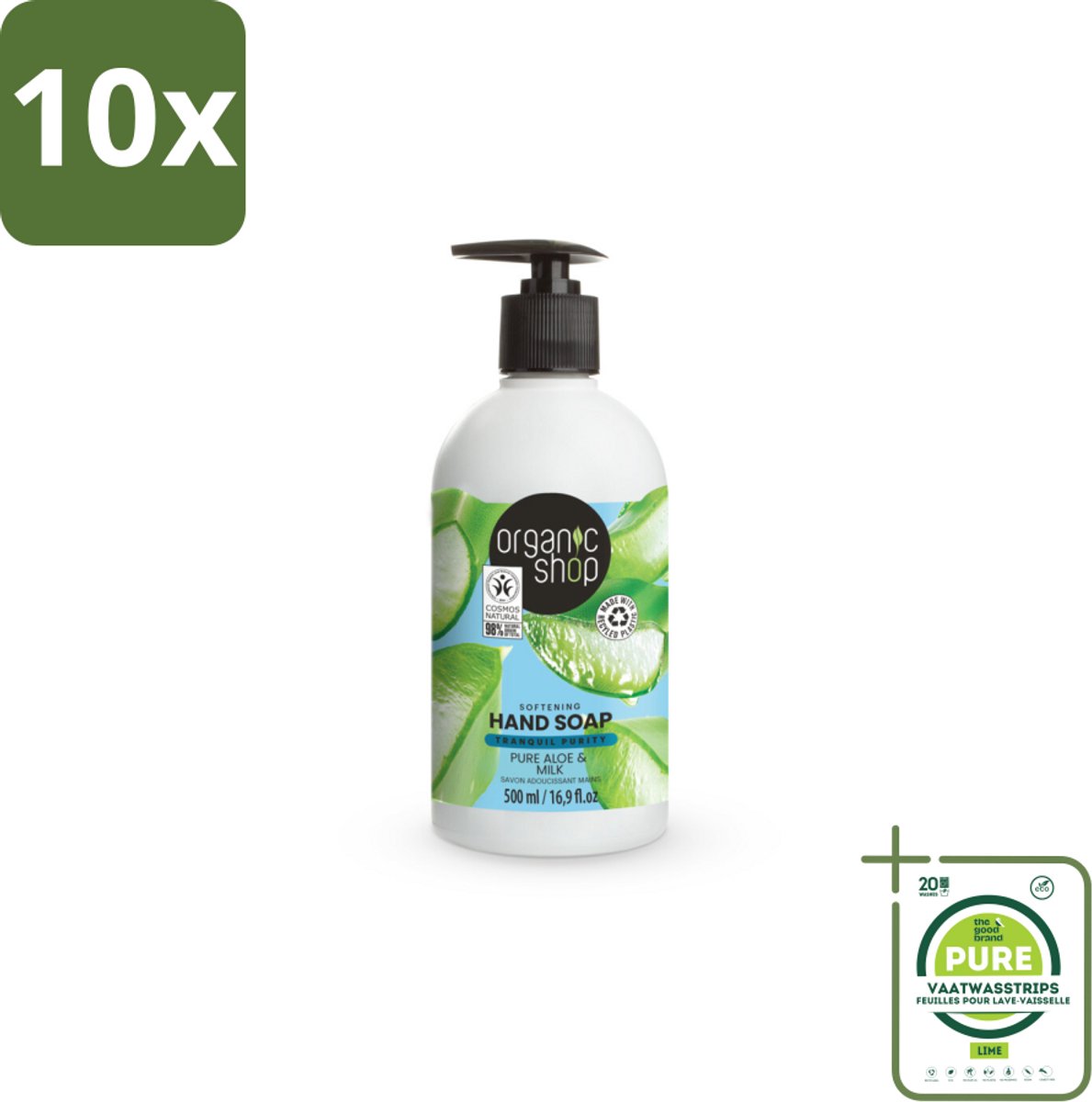 10 x Organic Shop - Handzeep Aloe & Milk - Verzachtend en Hydraterend - 500 ml - Grootverpakking - Biologische Handzeep - Aloë Vera Handzeep - Hydraterende Handzeep - Verzachtende Handzeep - Melkproteïnen Handzeep