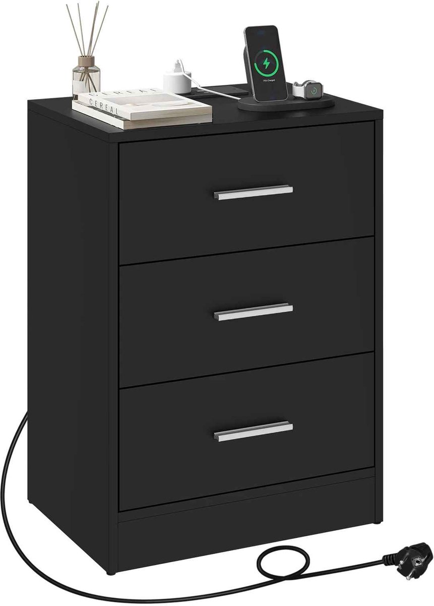 CORE Nachtkastje met Oplaadpoort - Modern Bijzetkastje met 3 Laden - Slim Nachtkastje met USB Laadfunctie - Opbergkastje voor Slaapkamer - Modern Design - 39x28x54cm - Zwart