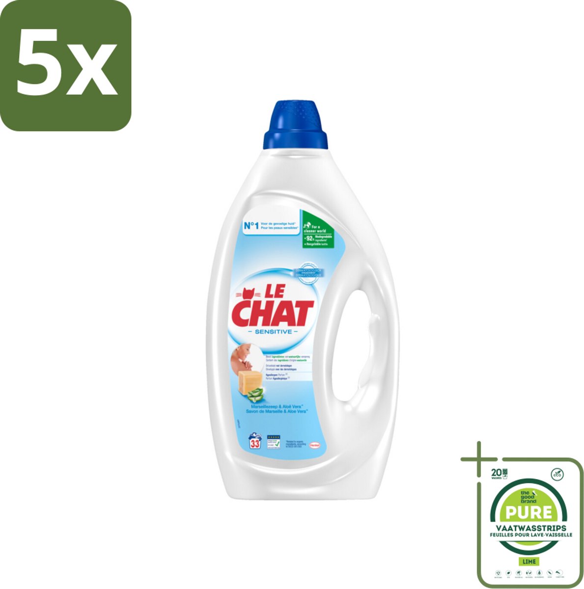 5 x Le Chat – Vloeibaar Wasmiddel – Sensitive – 1,485 L - Grootverpakking - Gevoelige Huid - Hypoallergen - Wasmiddel - Wasmiddel Voor Gevoelige Huid - Marseille Zeep