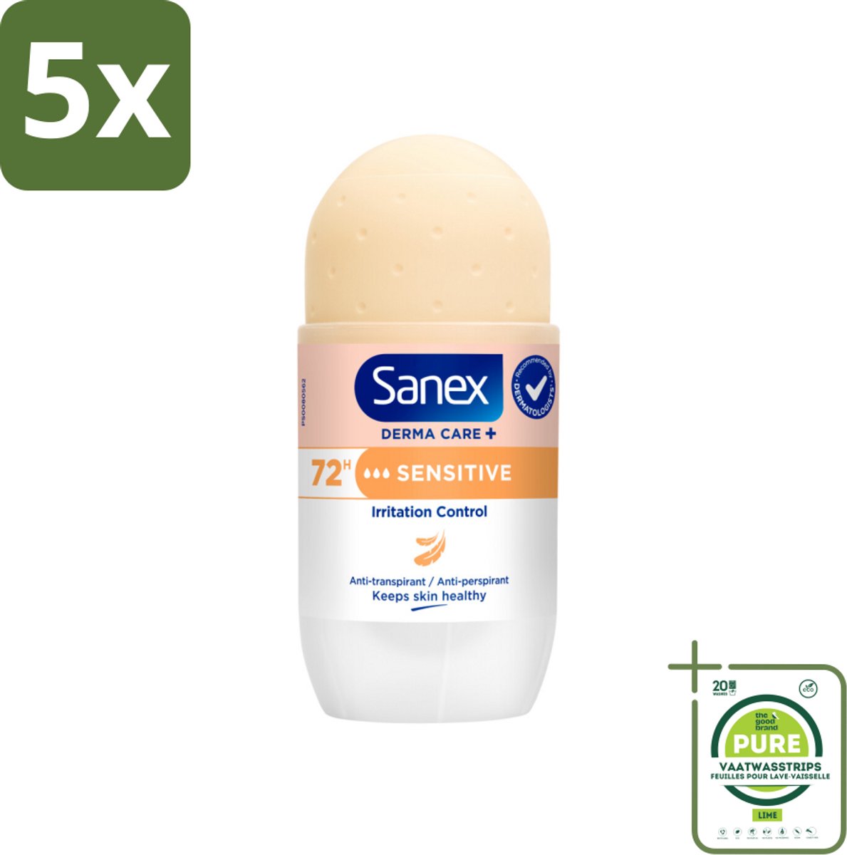 5 x Sanex – Deodorant Roller – Dermo Sensitive – 53 ml - Grootverpakking - Gevoelige Huid - Anti-transpirant - Zweet - Geur - Okselhuid