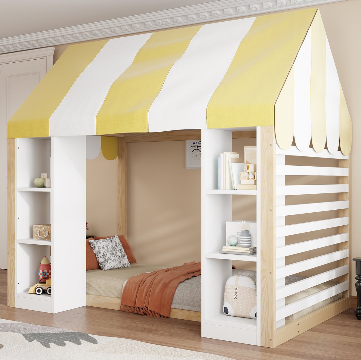 MIVRAY Kinderbed 90 x 200 cm Zonder Matras Hemelbed Met Opbergruimte Voor Kinderkamer Landhuisstijl Hout Wit En Naturel
