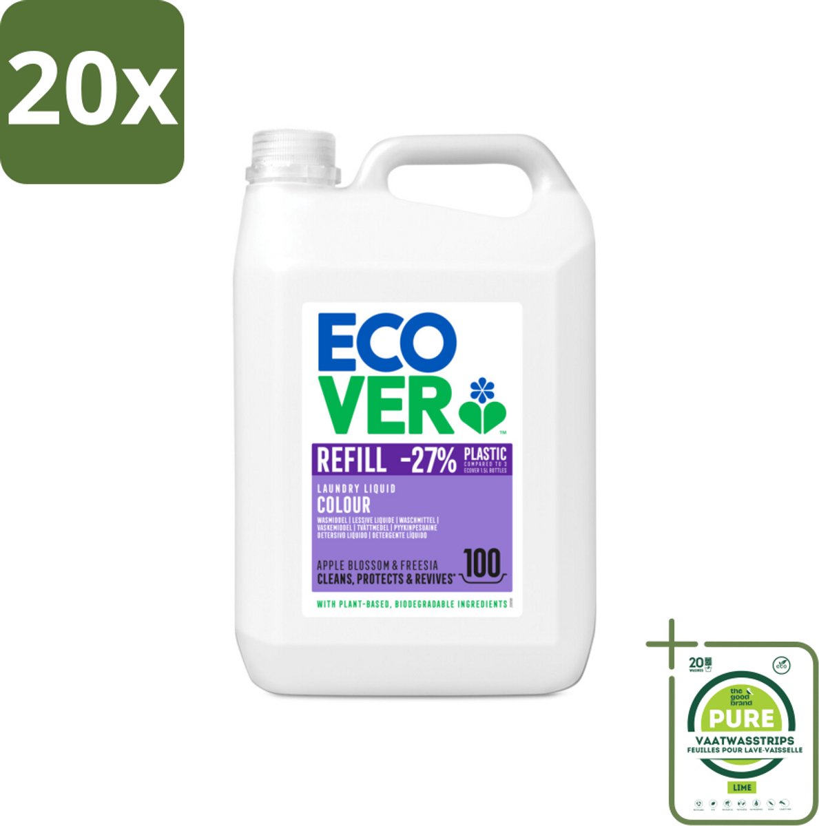 20 x Ecover - Vloeibaar wasmiddel - Color - Appelbloesem & Freesia - 5 liter - 100 wasbeurten - Grootverpakking - Wasmiddel - Vloeibaar Wasmiddel - Biologisch Wasmiddel - Plantaardig Wasmiddel - Wasmiddel Kleur