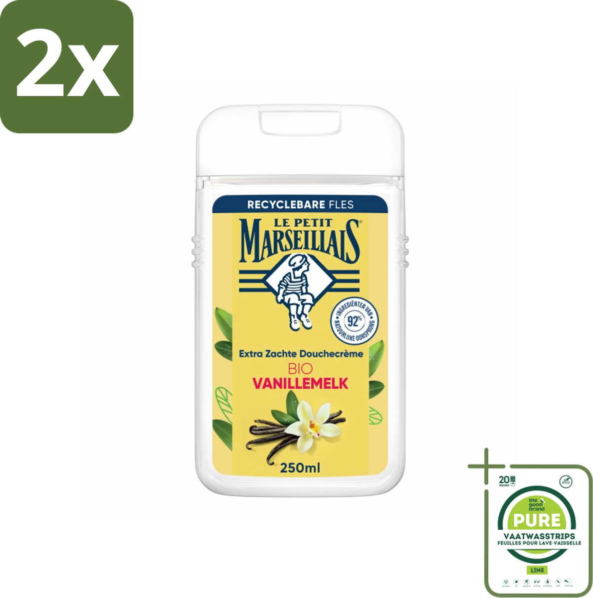 Le Petit Marseillais – Douchecrème – Lait de Vanille Bio – Extra zacht – 250 ml - Voordeelverpakking - 2 stuks - Douchecrème - Vanille
