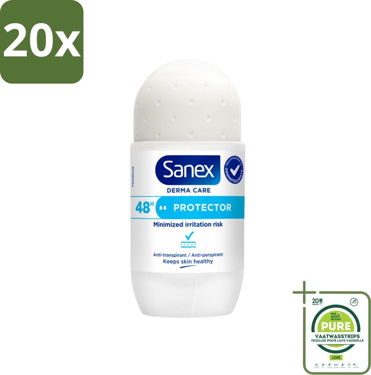 20 x Sanex – Deodorant Roller – Dermo Protector – 53 ml - Grootverpakking - Deodorant Roller - Huidbescherming - Zweetbehandeling - Geurvervoeging - Mineralen