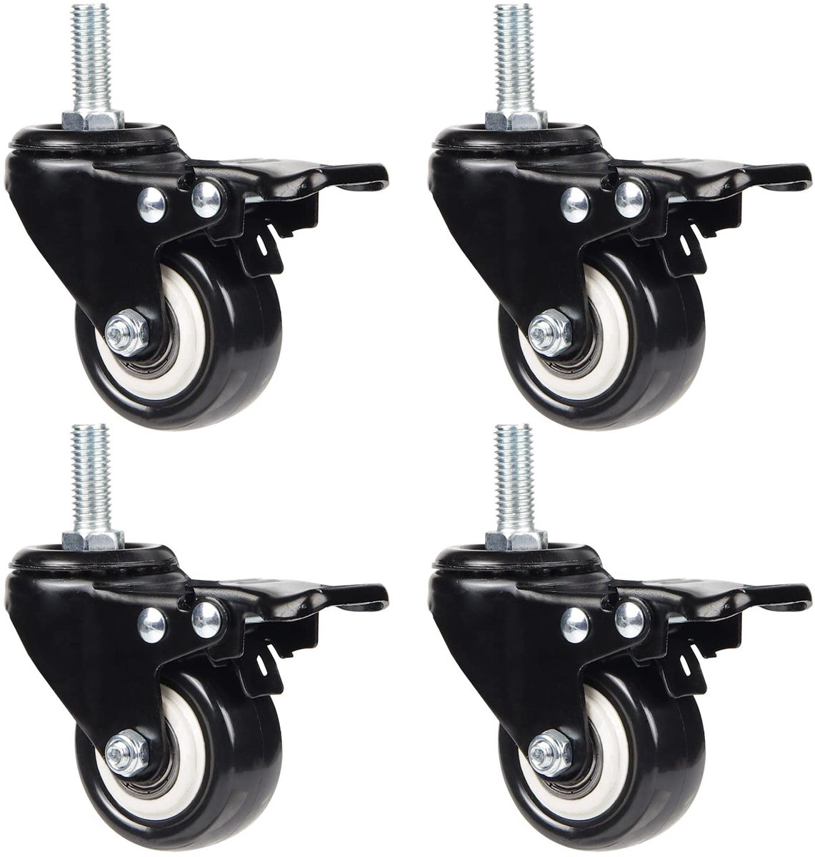 Set van 4 zware transportwielen met rem, 50 mm, tot 200 kg draagvermogen, inclusief M10 schroeven