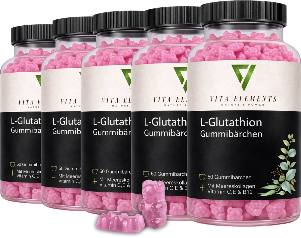 Vita Elements L-Glutathion Gummies met Vitamine C, E en B12, Zeecollageen en Druivenpitextract - Antioxidant voor de Huid - 60 Gummies - Getest Set van 5