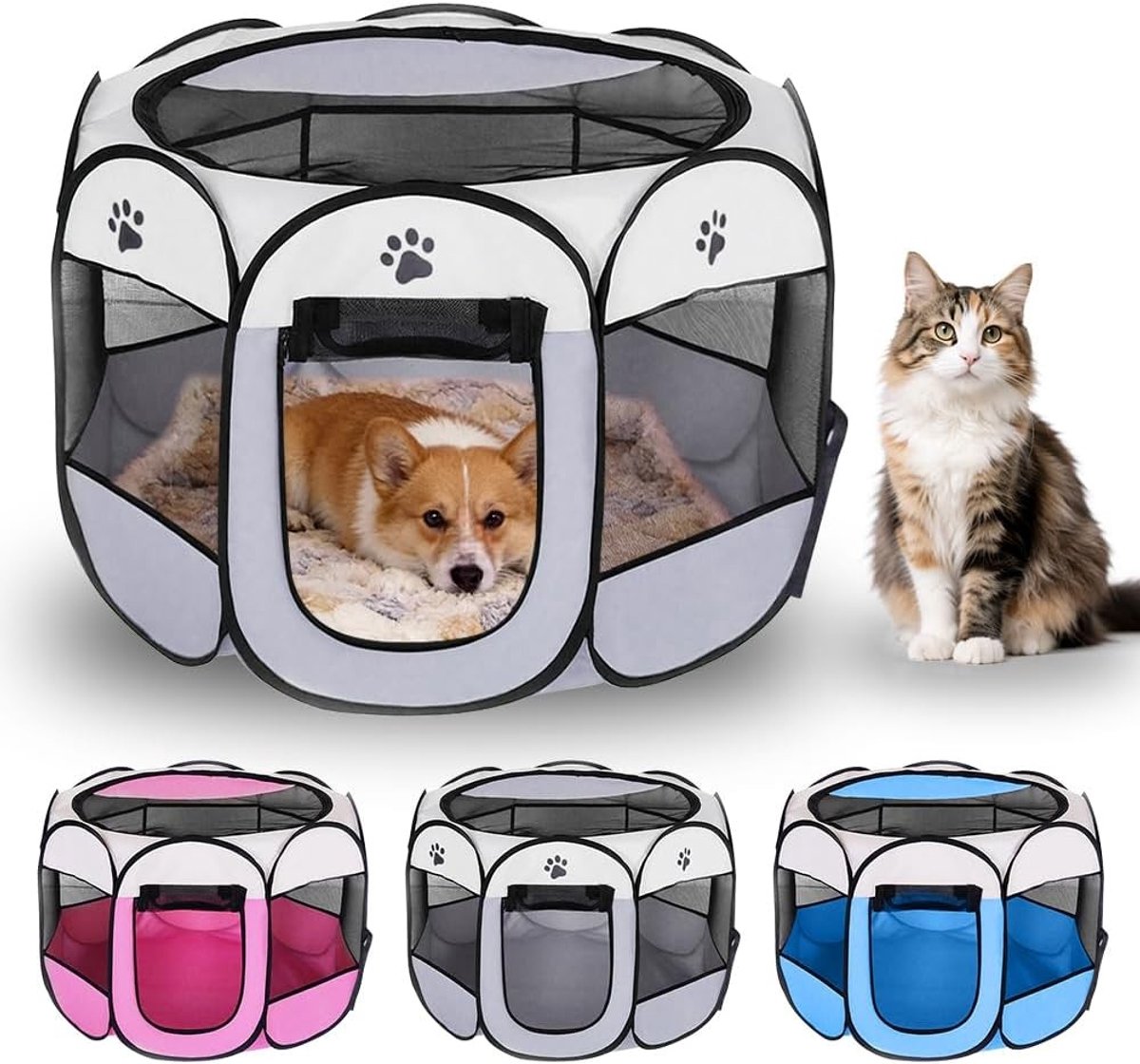 Draagbare opvouwbare puppybox voor honden en katten, waterdichte en krasbestendige omheining, ideaal voor binnen en buiten, 74 x 74 x 43 cm (grijs)