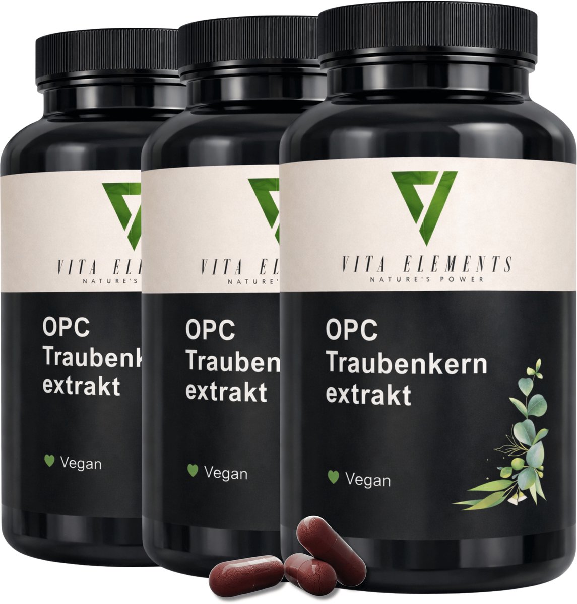 Vita Elements OPC Druivenpitextract Capsules - Krachtige Antioxidant tegen Vrije Radicalen - Goed voor Bloedvaten - Veganistisch - 240 Capsules - Set van 3