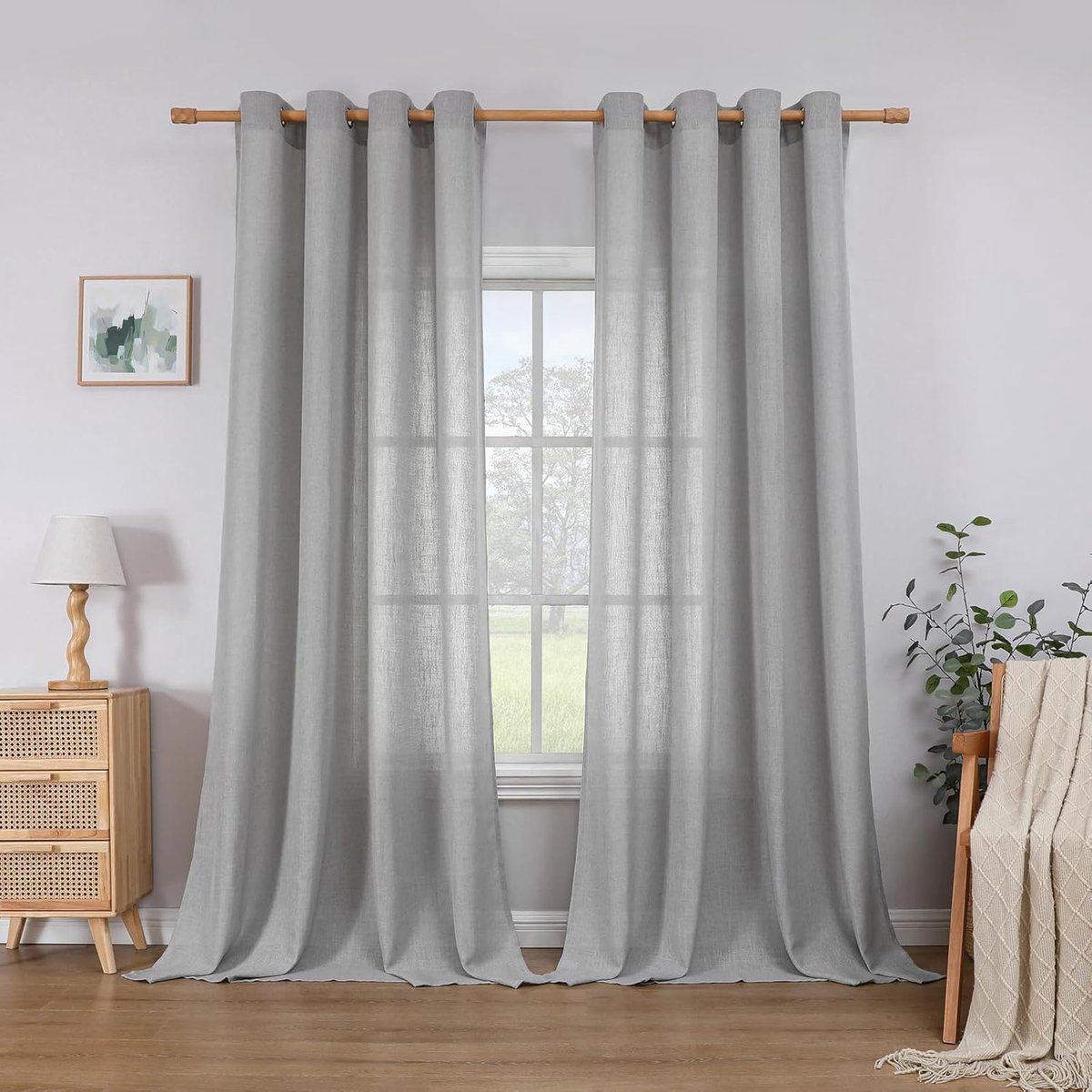 SnelShoppen - Lichtgrijze Linnen Gordijnen met Oogjes, Semi-Transparante Voile Raamdecoratie, Set van 2, 225 x 140 cm, Voor Slaapkamer, Kinderkamer en