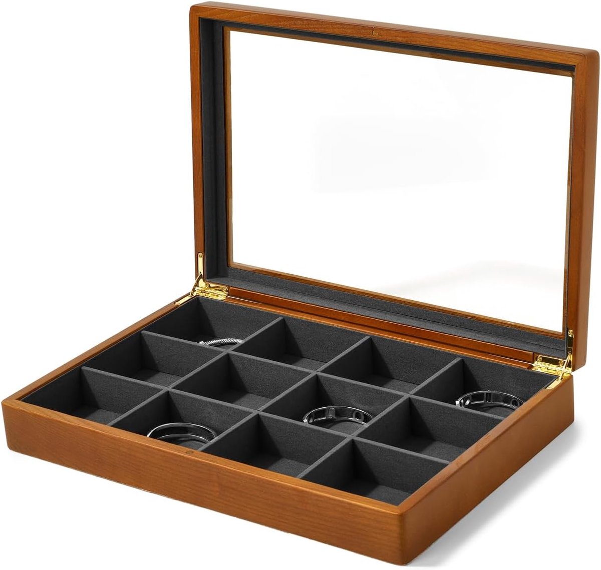 SnelShoppen - Houten sieradenbox met 12 vakken, glazen deksel, grote vintage sieradenorganiser, opbergdoos voor juwelen, sieradenhouder