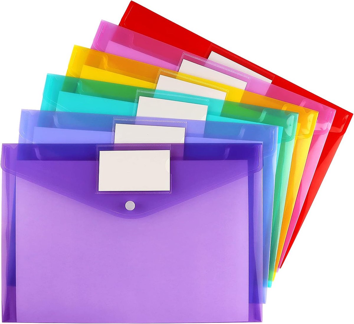 6 Stuks Transparante Plastic Documentenmappen met Labelvak en Drukknoop - A4 Formaat - 6 Kleuren - Geschikt voor Kantoor - Thuis en School