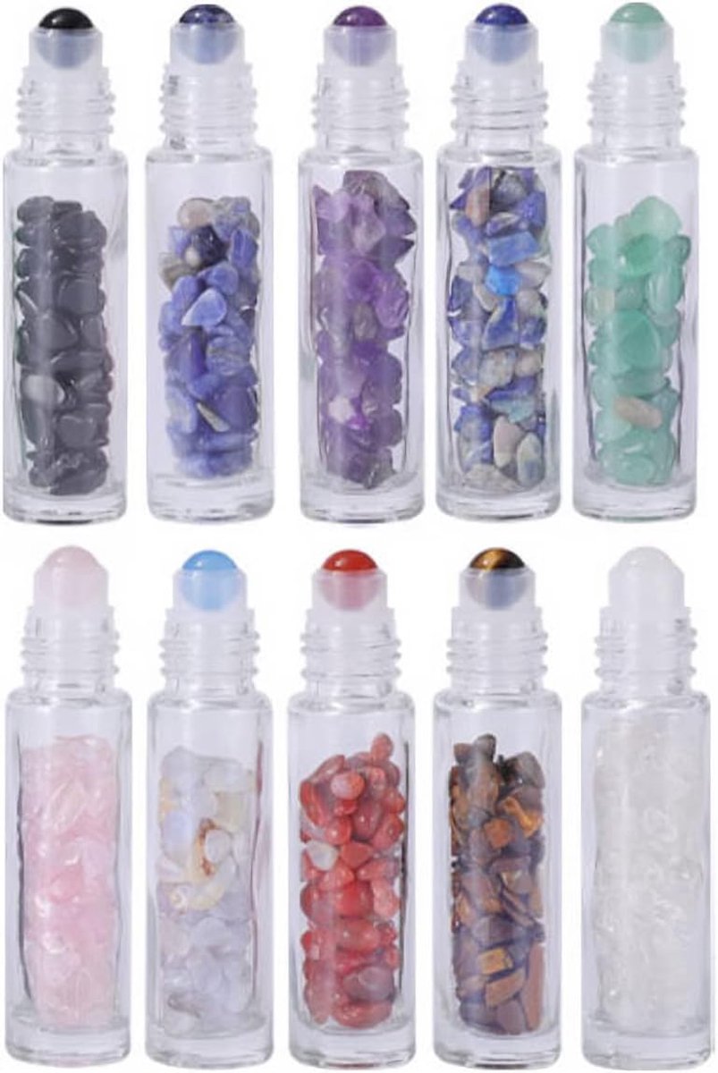 SnelShoppen - 10ml Essentiële Olie Roller Flessen met Edelstenen en Kristallen Rollerball, 10 Stuks Navulbare Roll-on Glazen Flessen voor Aromatherapi