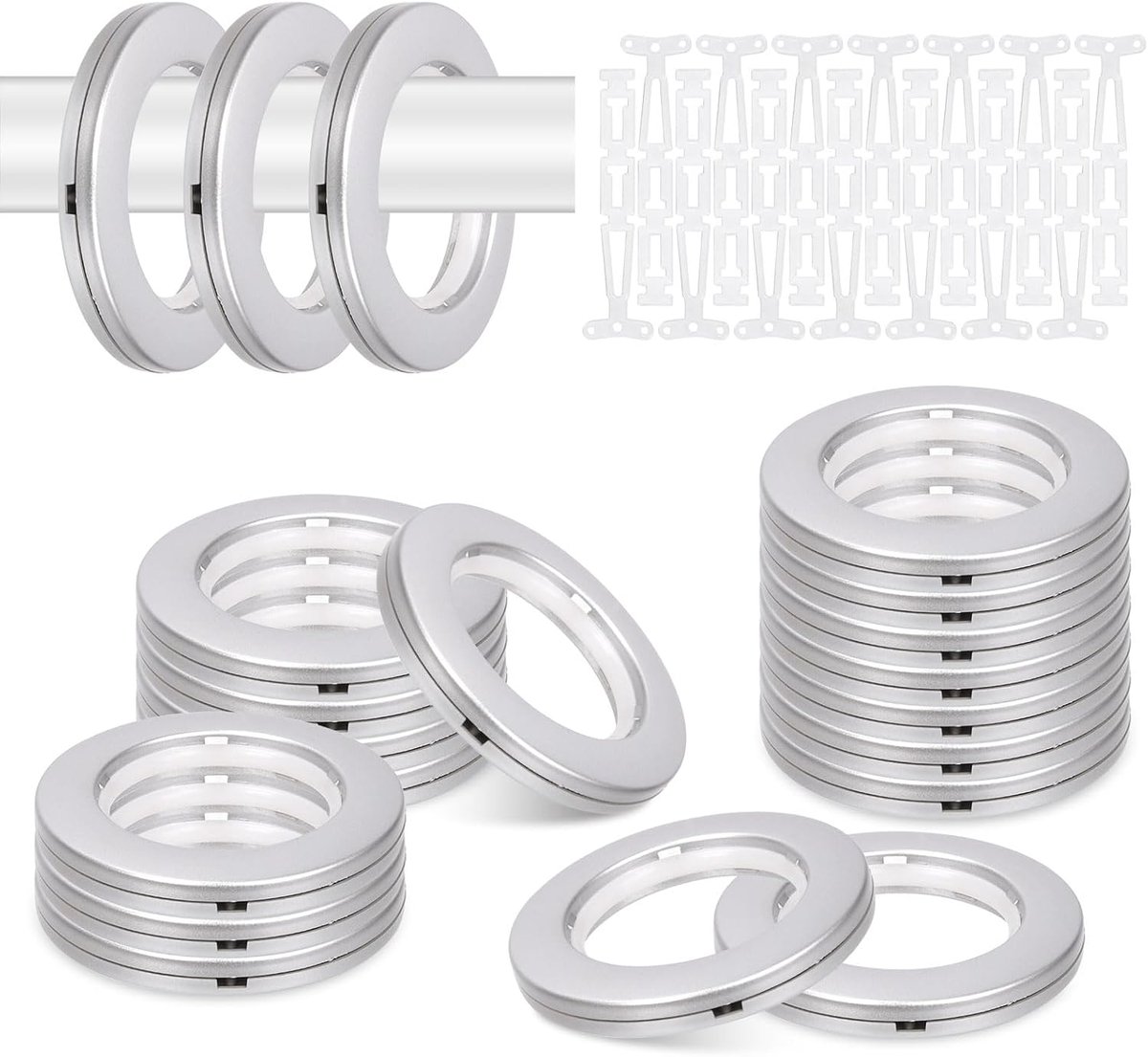 SnelShoppen - 20 Sets Grommets voor Gordijnen 42mm met Wasmachine, Plastic Oogjes Ringen met Connectors voor DIY Gordijnen, Canvas - Zilver