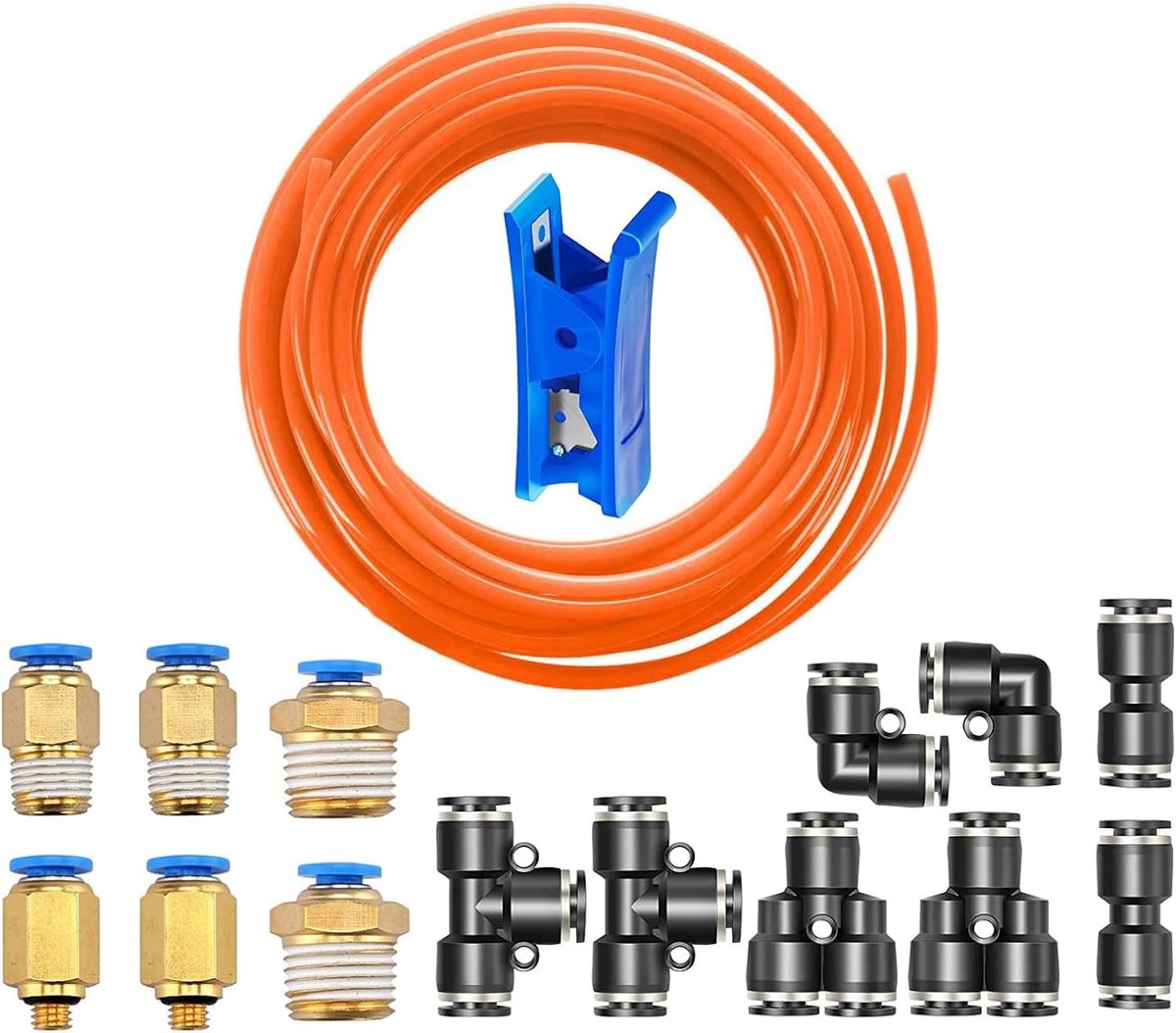 SnelShoppen - 10m PU Lucht Slangset 6mm OD 4mm ID met 14 Stuks Zwarte Pneumatische Slangverbindingen, Snelle Koppeling, Oranje voor Compressed Air Sys