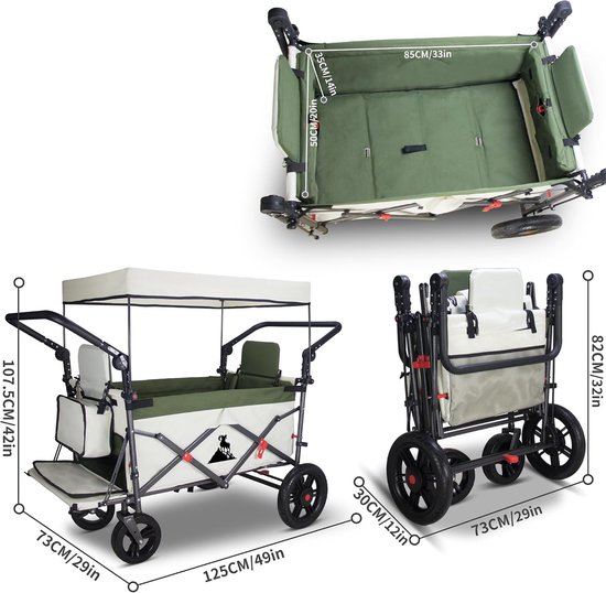 Bolderkar Opvouwbaar - Handwagen Transportwagen - Spullen Vervoeren - Met Dak En Remmen - 120 kg Draagkracht - Groen Beige van Bolderkar Opvouwbaar — afbeelding 3