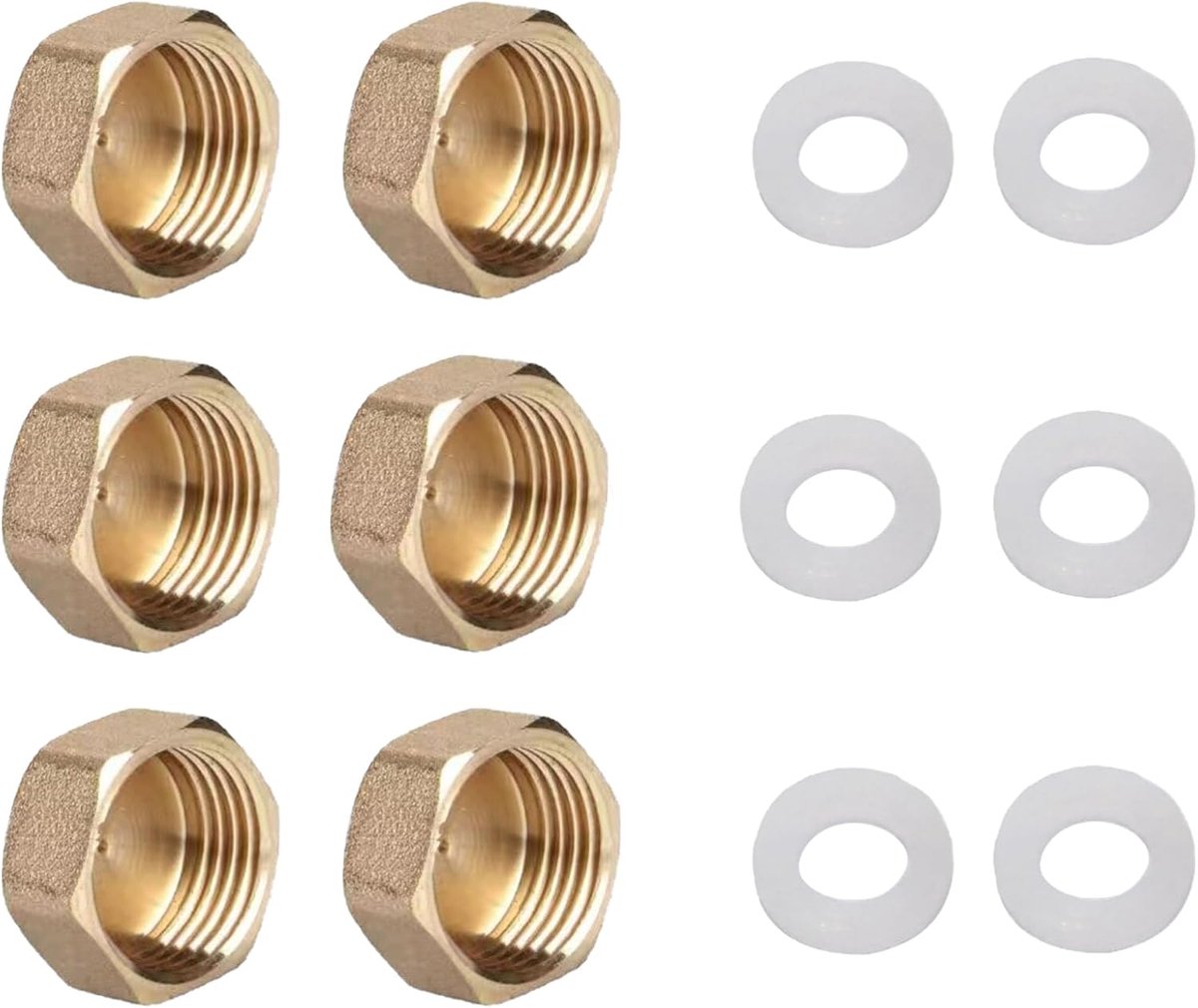 SnelShoppen - 6 Stuks 1/2 Inch Tuinslang Kappen Messing Doppen Blind Plug Vrouwelijke Draad met Slang Washers voor Waterdicht Gebruik