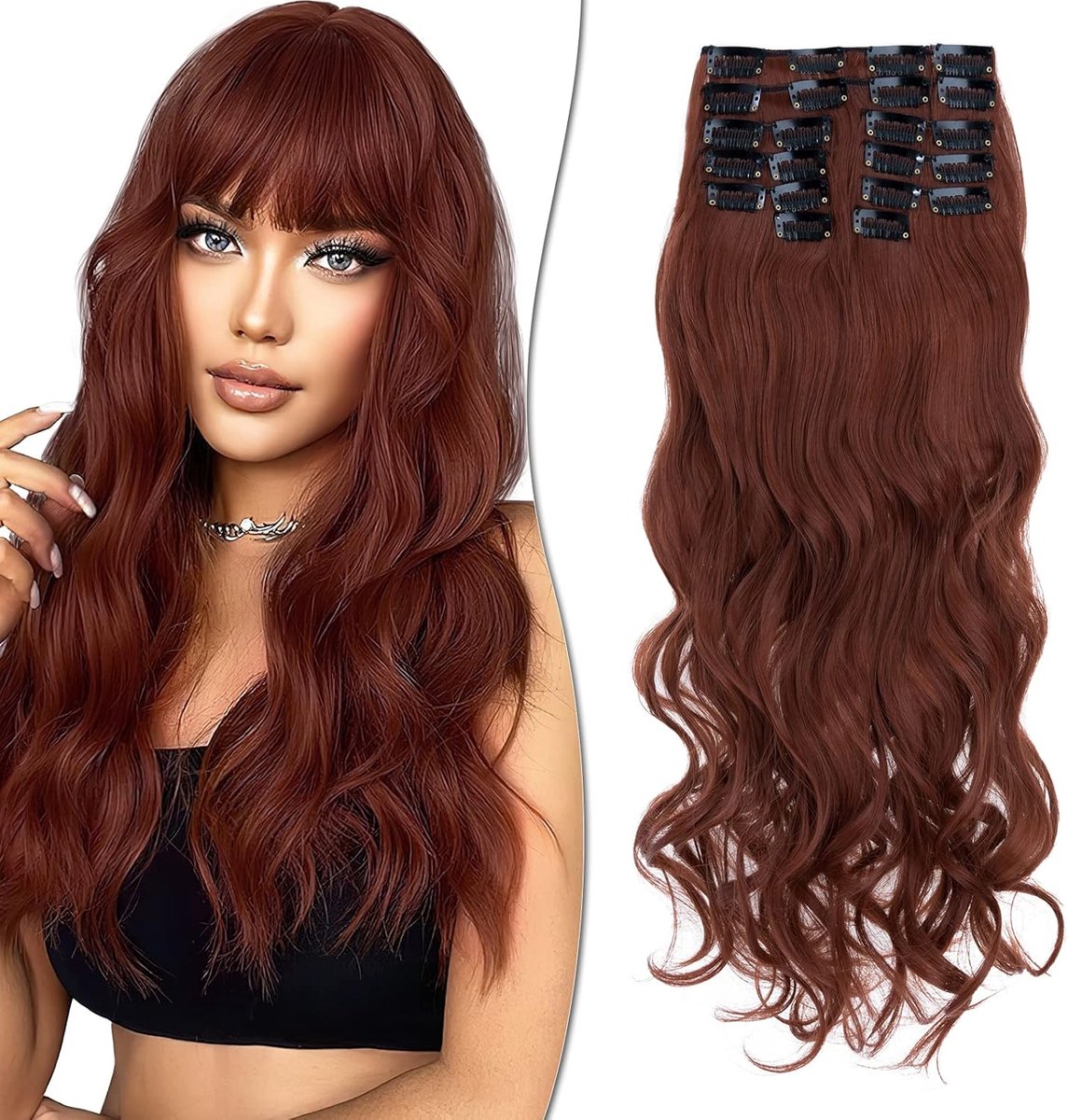 SnelShoppen - Clip-In Extensions, Like Real Haar Extensions, Kapsel Haarstukken Krullend Golvend Haar, 55 cm, Volle Hoofdset, 180 g, Kastanjebruin Gem