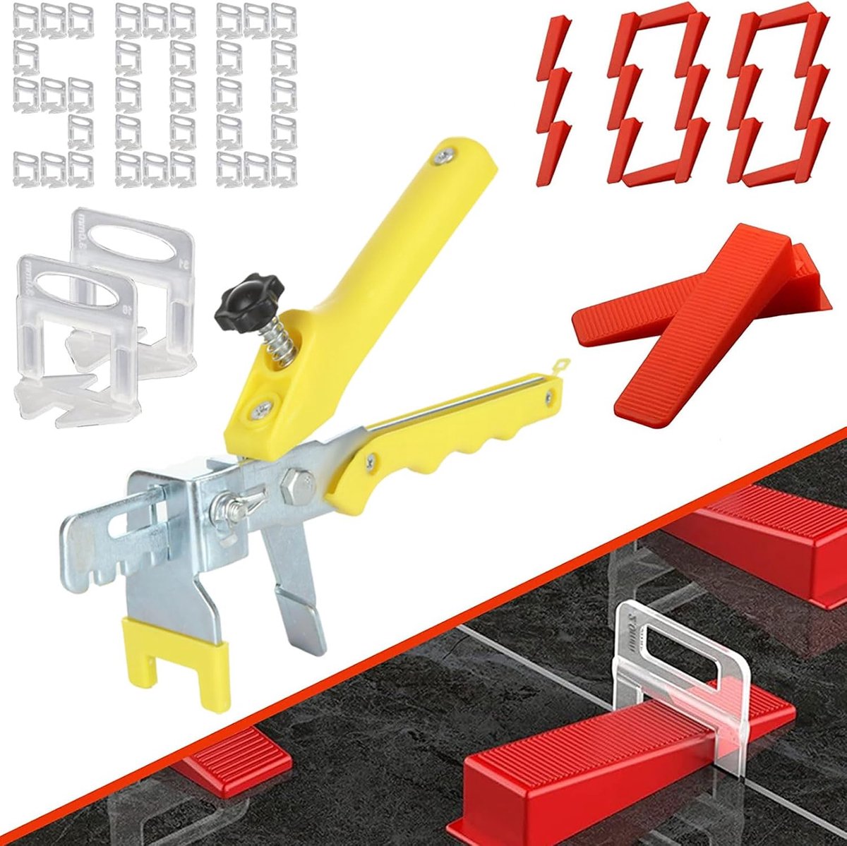 SnelShoppen - MIVIDE Tegelleveringsysteem 3 mm voegbreedte, 500 clips + 100 wiggen + 1 tegelleggerknijper, complete set voor tegels