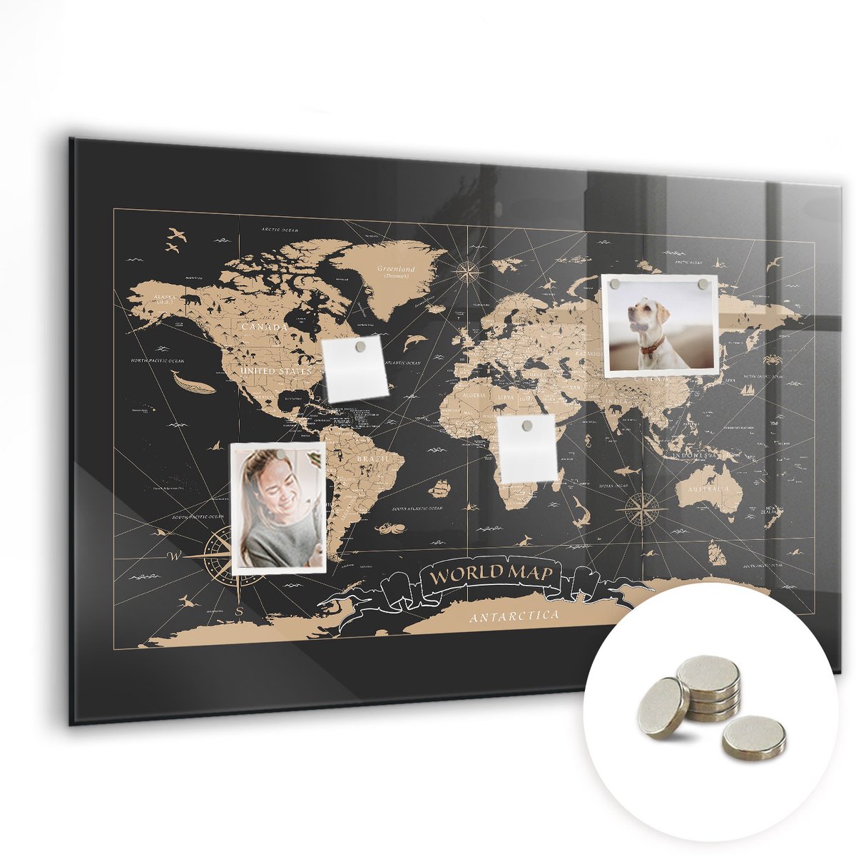 Coloray Glazen Magneetbord - Magnetisch Bord Wereldkaart landen - 90x60 cm - Grijs Magneetbord - Magnetic Board - Magneetbord Design