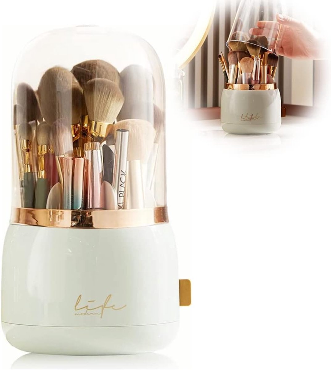 SnelShoppen - Makeup Kwast Houder Organizer met Deksel, 360 Graden Rotatable Make-up Organizer, Draaiende Cosmetica Houder voor Lippenstift en Kwasten