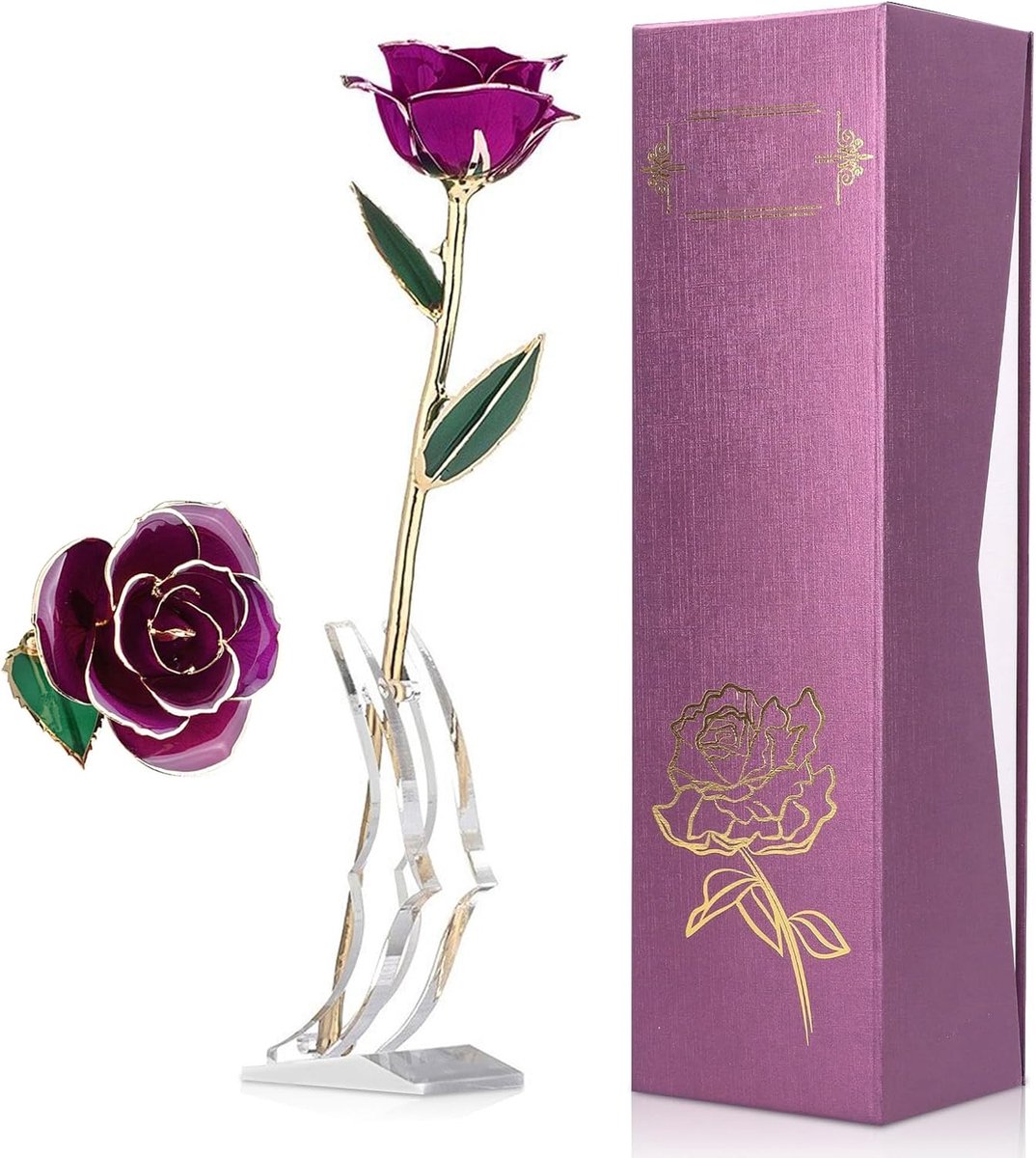 SnelShoppen - 24K Gouden Roos Geverfd Paars - Echte Preserved Rozen met Basis - Uniek Geschenk voor Valentijnsdag, Verjaardag, Bruiloft