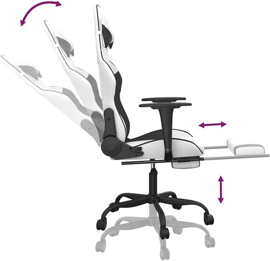 Gaming Stoel - Computerstoel Fauteuil - Comfortabel Zitten - Met Voetensteun - 56 x 66 x 131 cm - Wit Zwart — afbeelding 4