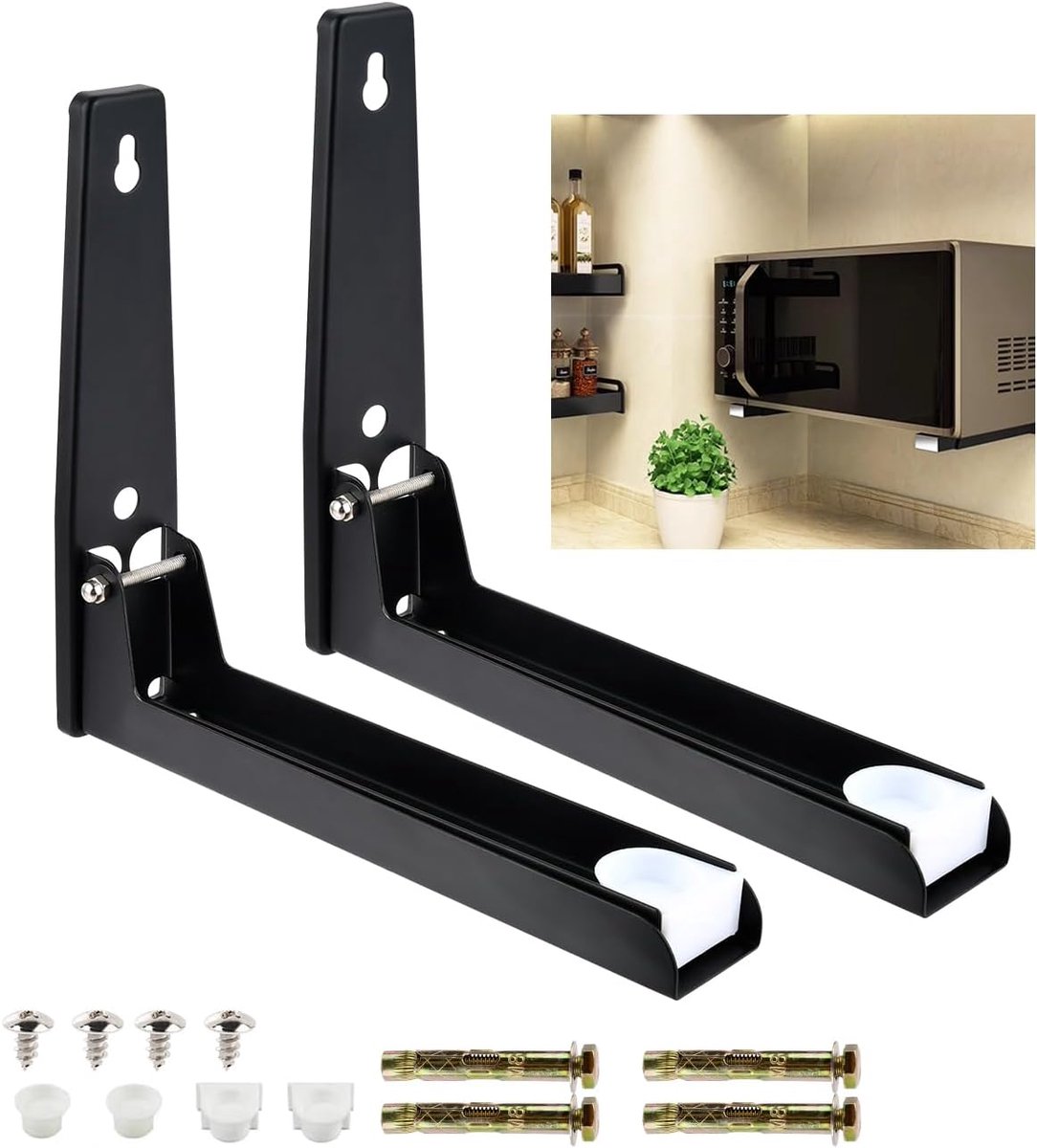 SnelShoppen - 2-delige Magnetronhouder Wand 304 RVS, Verstelbare Magnetronsteun voor Keuken, Robuuste en Duurzame Magnetronhouder, Zwart, Tot 50 kg