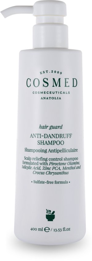 Witte fles met pompdop. Cosmed Hair Guard Anti-Dandruff Shampoo.