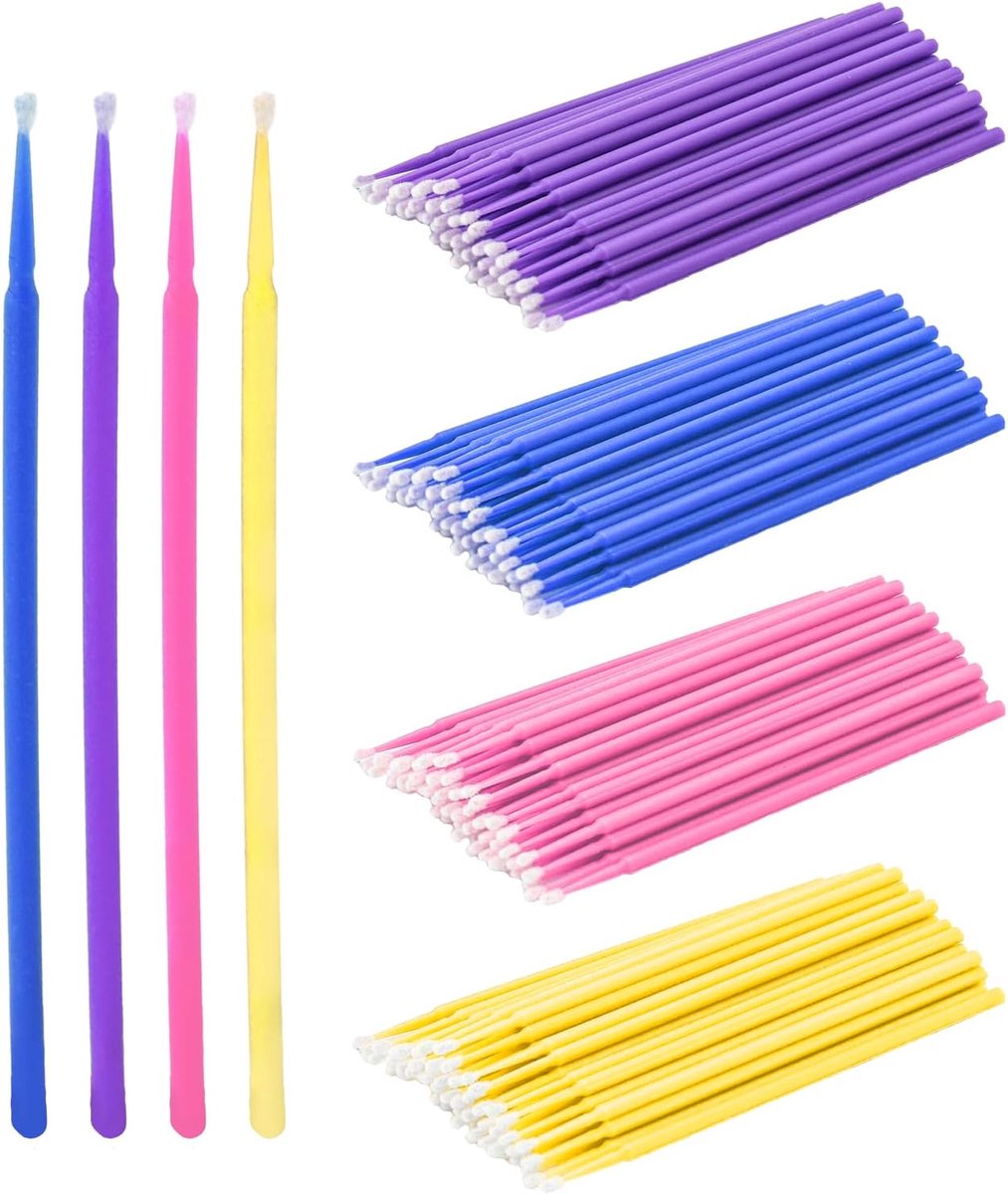 SnelShoppen - Pack van 400 Micro Applicators, Wattenstaafjes voor Wimperextensions, Wimperkleuring, Make-up, 4 Kleur Borstels, Hoogwaardige Microvezel