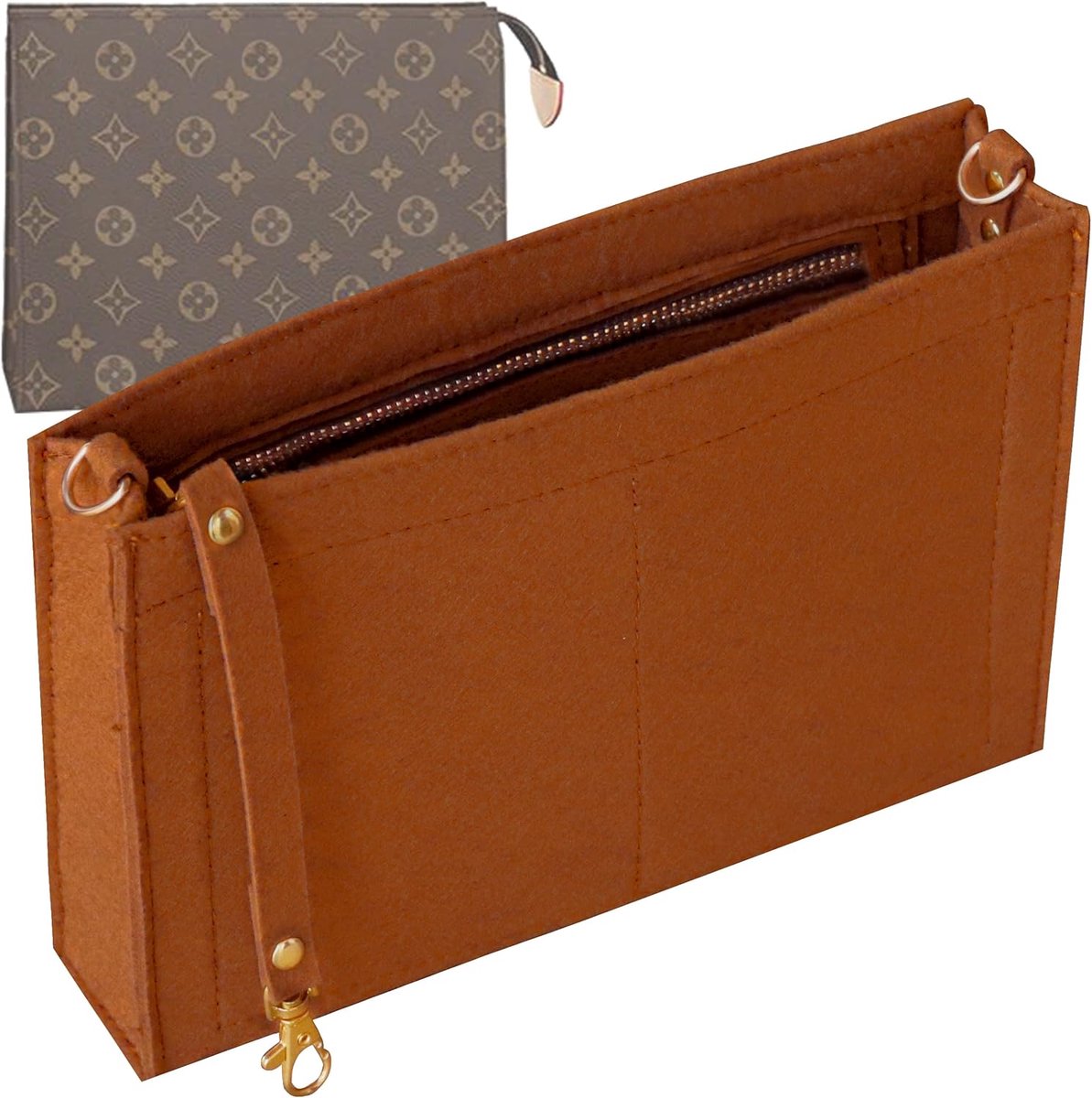 SnelShoppen - Toilettas - Cosmetica Organizer, Vilt Handtas Organizer Inzet met Sleutelhanger & Gouden Sluiting & Rits (Klein-19, Bruin)