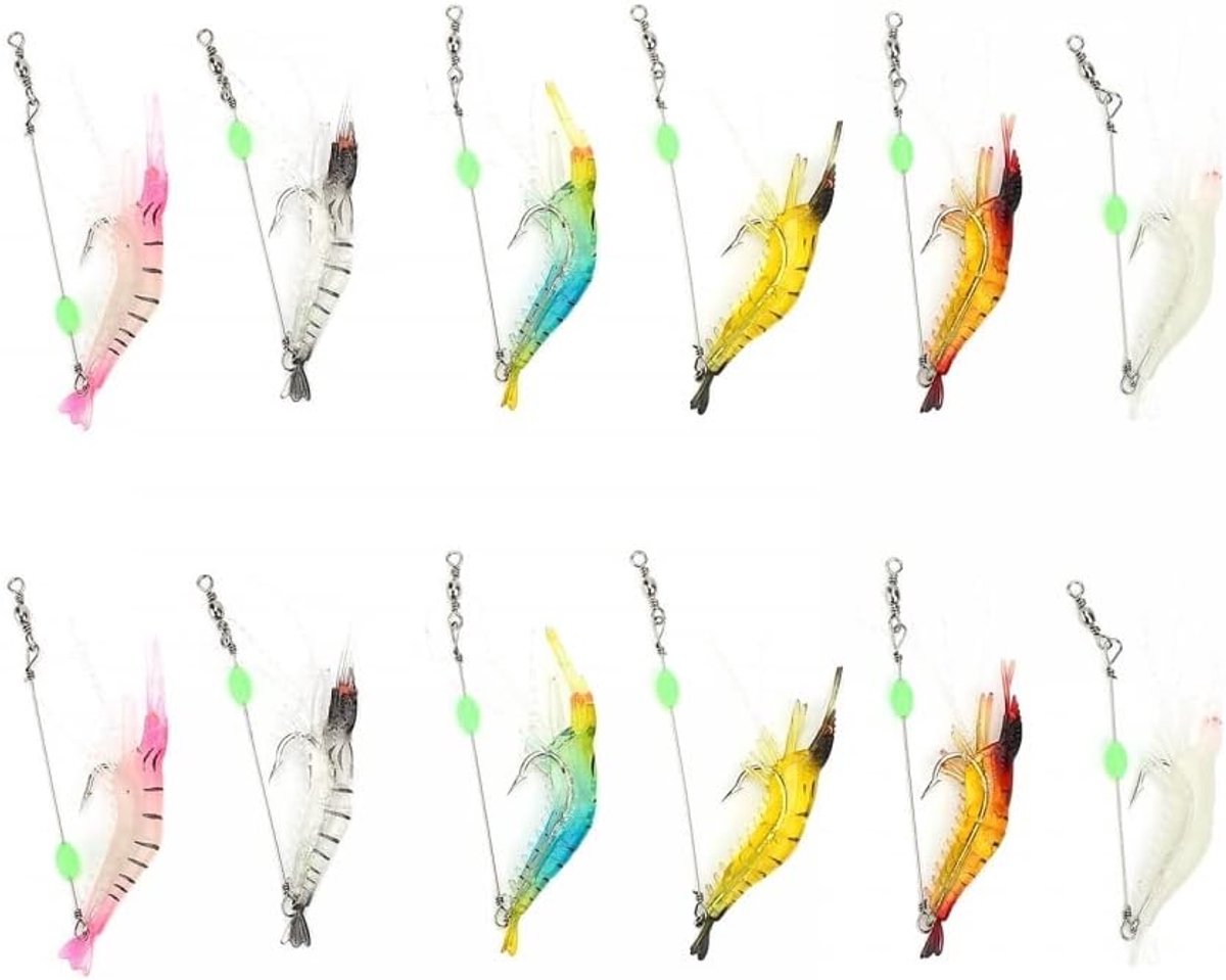 SnelShoppen - 12 Kunstmatige Garnaal Vishengels Luminous Swimbait Lures met Stalen Haken voor Zoet- en Zoutwater, Lengte 9,5 cm