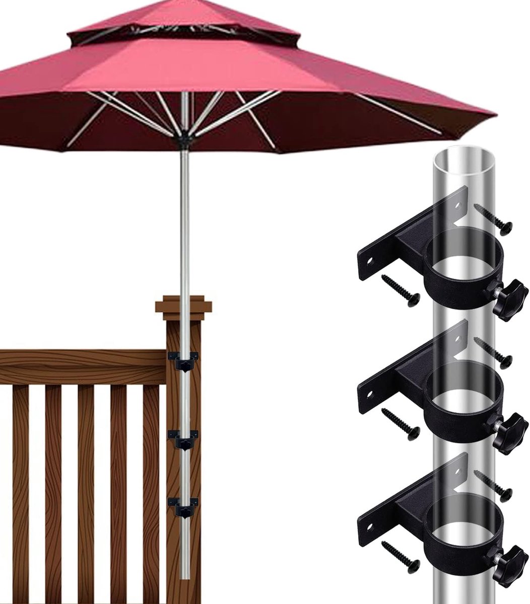 SnelShoppen - Umbrella Clamp Bracket - Parasol Bevestigingsset - Buiten Klemmen voor Terras, Balkon, Tuin - 3 Stuks Zwart - Geschikt voor 1.5-2 Inch P
