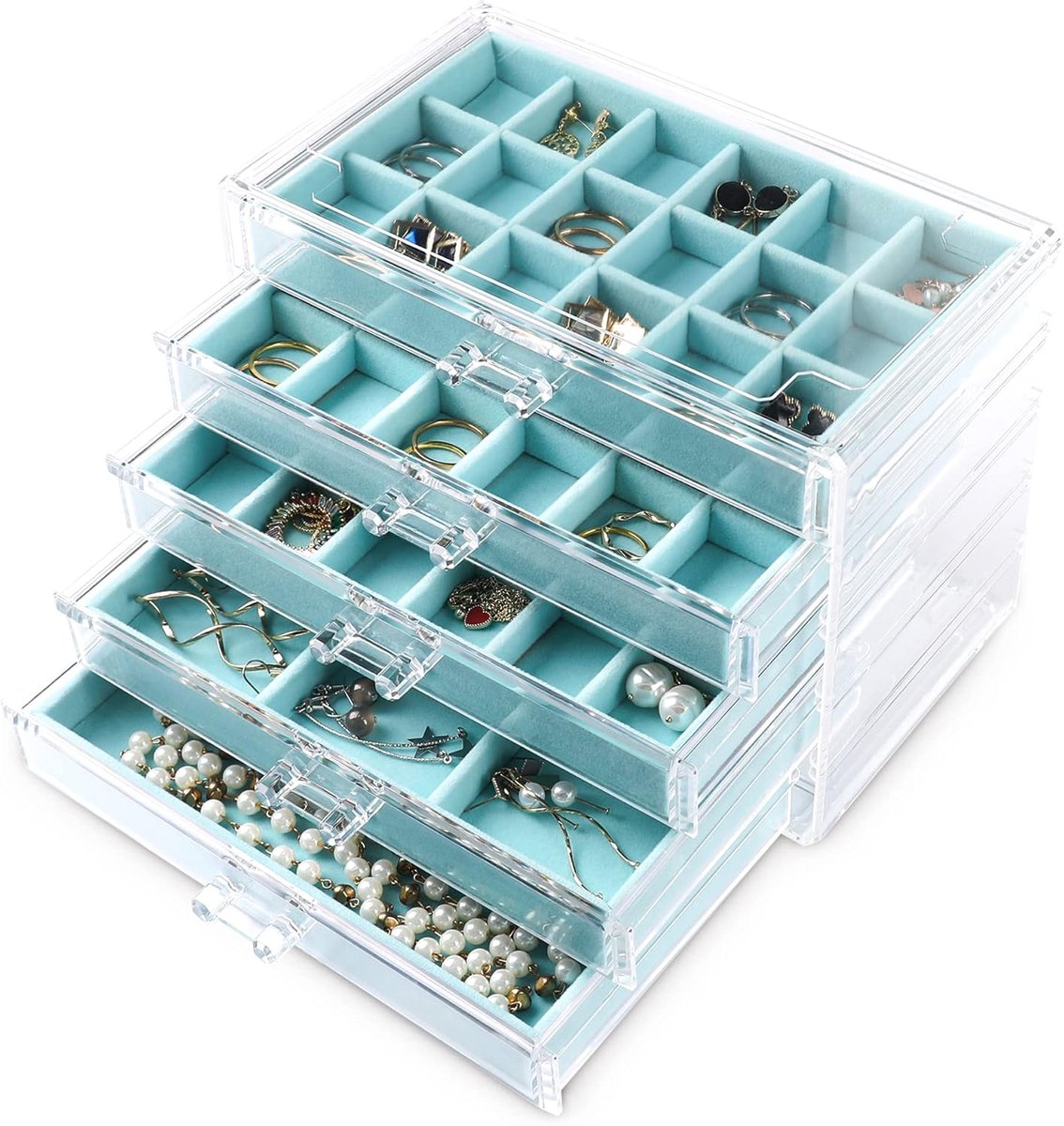 SnelShoppen - Acryl Sieraden Organizer, Oorbellen Organizer Doos met 5 Lades, Transparante Sieraden Box met Velvet Compartimenten voor Vrouwen, Stapel