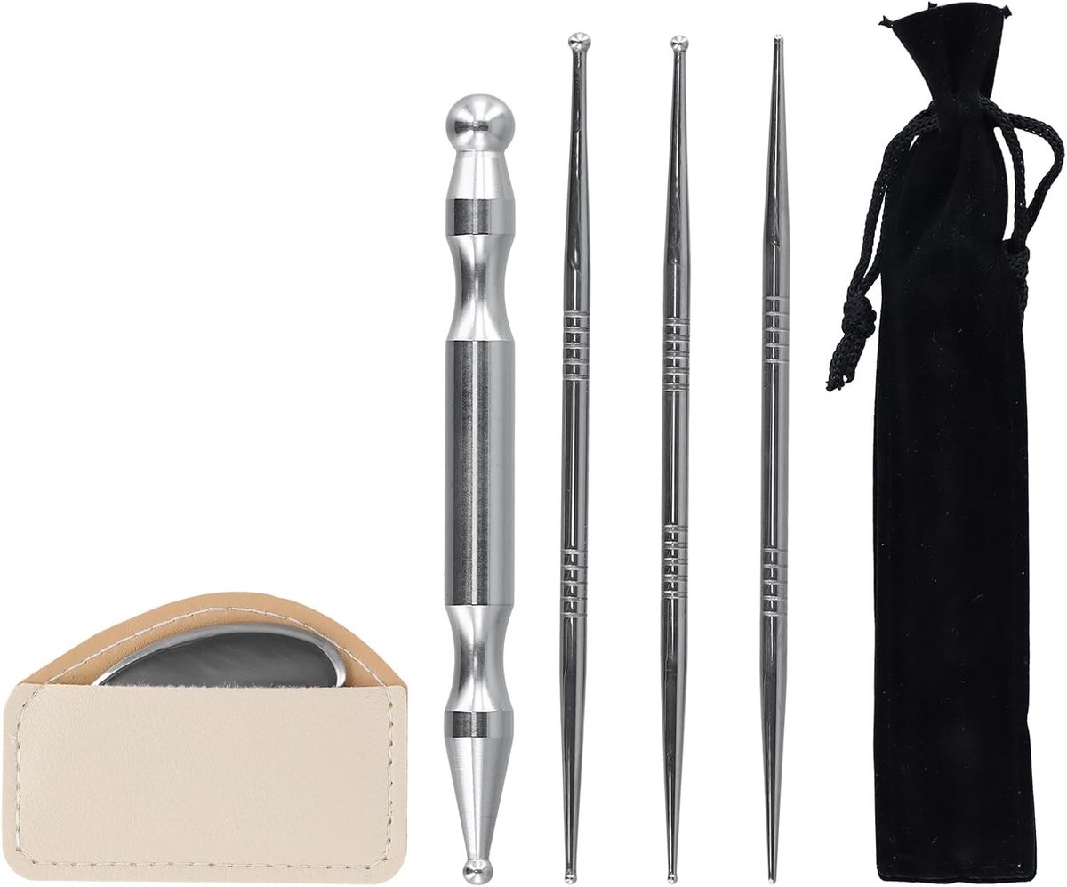 SnelShoppen - 5-delige massage tool set: 4 roestvrijstalen acupressuur pennen en 1 Gua Sha Board voor Acupunctuur, Drukpunttherapie en Ontspanning, Zi