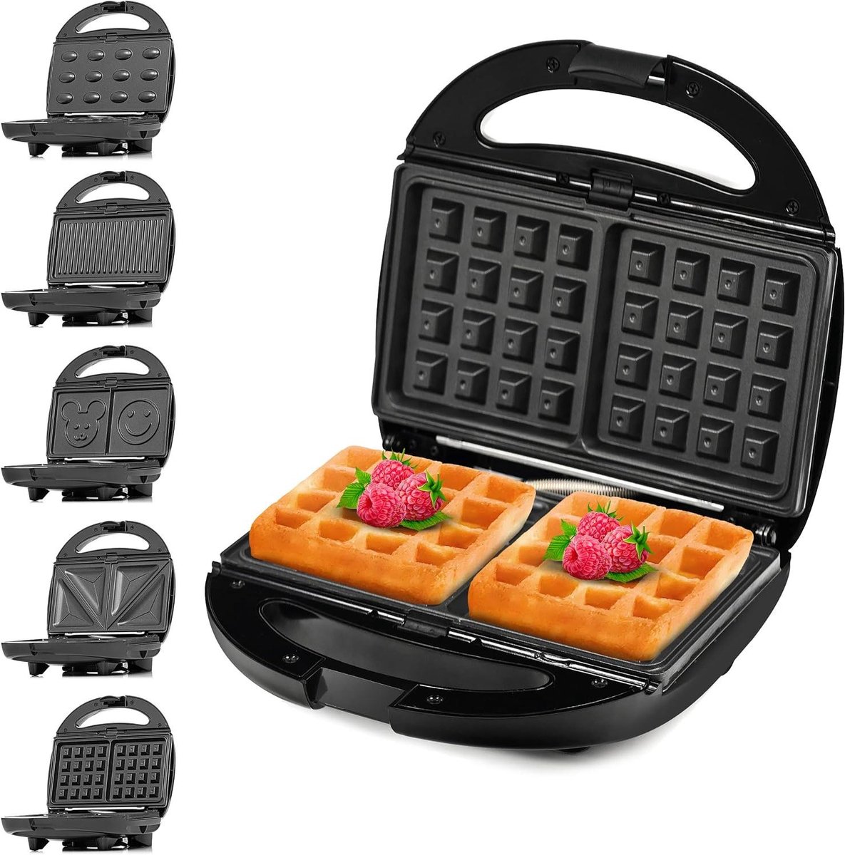 Apparaat 5-in-1 - Tosti en wafelijzer - Snelle maaltijden - Vijf verwisselbare platen - 800 Watt - Zwart zilver