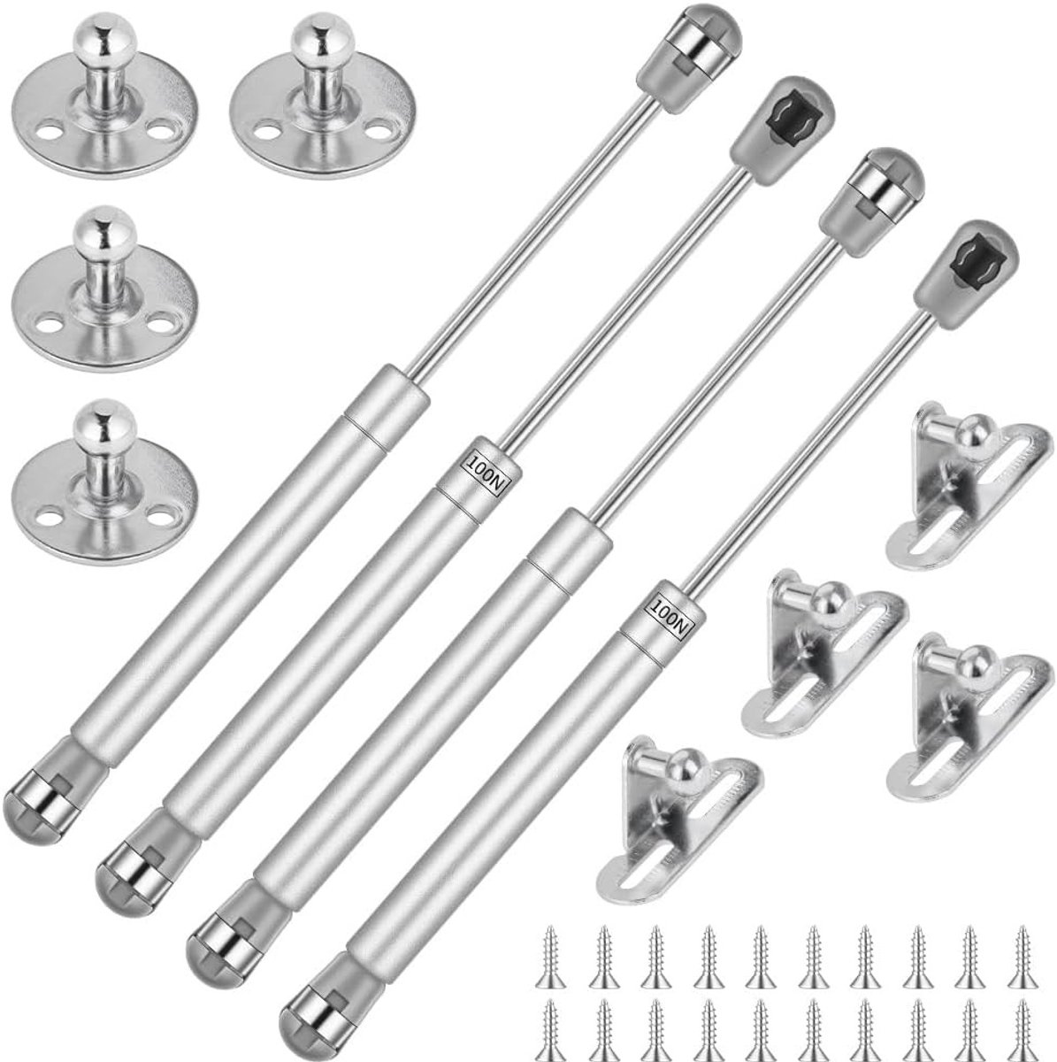 Gasdrukveer Set van 4, 100 N, Hydraulische Gasveren voor Meubels, Zachte Sluiting en Demper, Inclusief Schroeven en Bevestigingsmaterialen