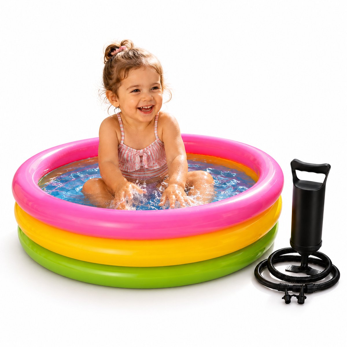 Opblaasbaar Zwembadje 60 cm-1PC luchtpomp - Kinderzwembad voor Buiten - Compact en Draagbaar Peuterbadje - Ideaal voor Tuin, Strand en Balkon - Zomer Waterplezier-Regenboogkleurig