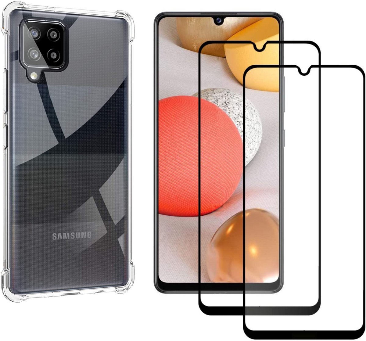 Hoesje geschikt voor Samsung Galaxy A42 backcover Shockproof siliconen Transparant en 2 stuks Screenprotector Gehard Glas Zwart
