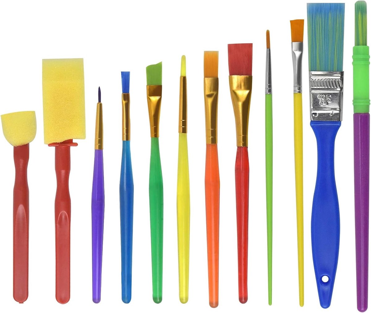 12-delige set kinderschilderkwasten - Spons, acryl, aquarel en gezichtsverf kwasten voor jonge kunstenaars