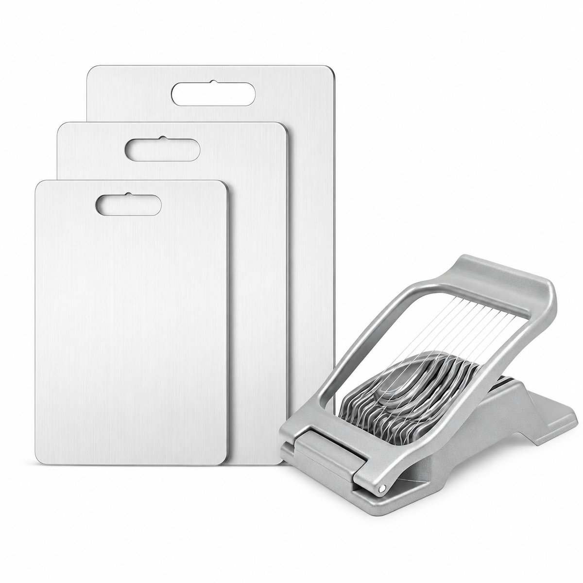 My Green Deal - RVS Snijplanken Set met Eiersnijder – 4-delig – 304 RVS – 20 × 30, 25 × 35 en 30 × 40 cm