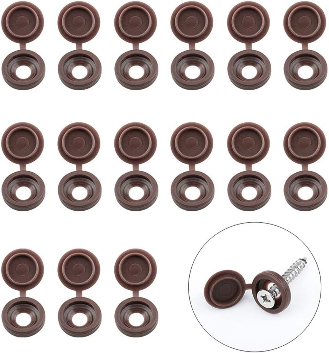 SnelShoppen - 100 Stuks Schroef Caps Plastic Bruin Hinge Caps Stofborstels Rubber Flip Tops met Opbergdoos - Voor Bescherming en Afwerking