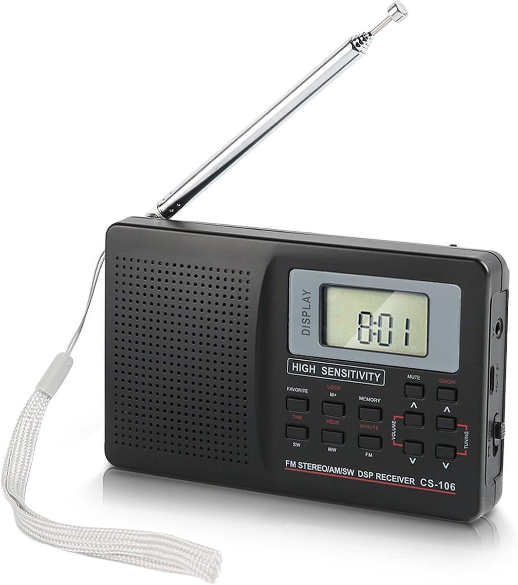 SnelShoppen - Draagbare AM FM Radio met Digitale Tuner, Alarmklok, Volledige Band, Mini Pocket Radio voor Ouderen, Geheugenfunctie, Verlichte Toetsen