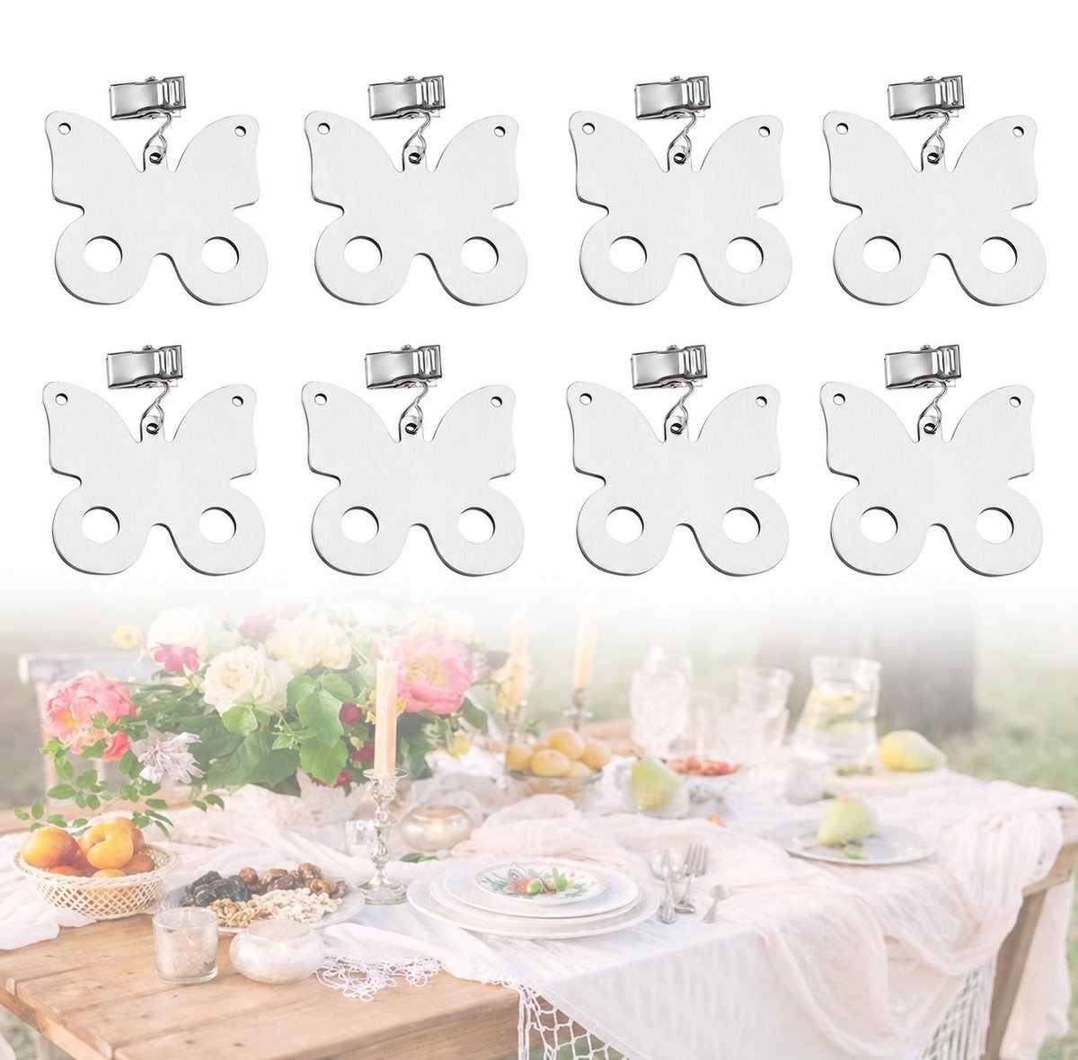 Tafelkleedgewichten - Set van 8 RVS gewichten met clips - Tafelkleedklemmen voor familiediner en picknick - Voor binnen en buiten - Vlinderstijl - 7cm - Zilver