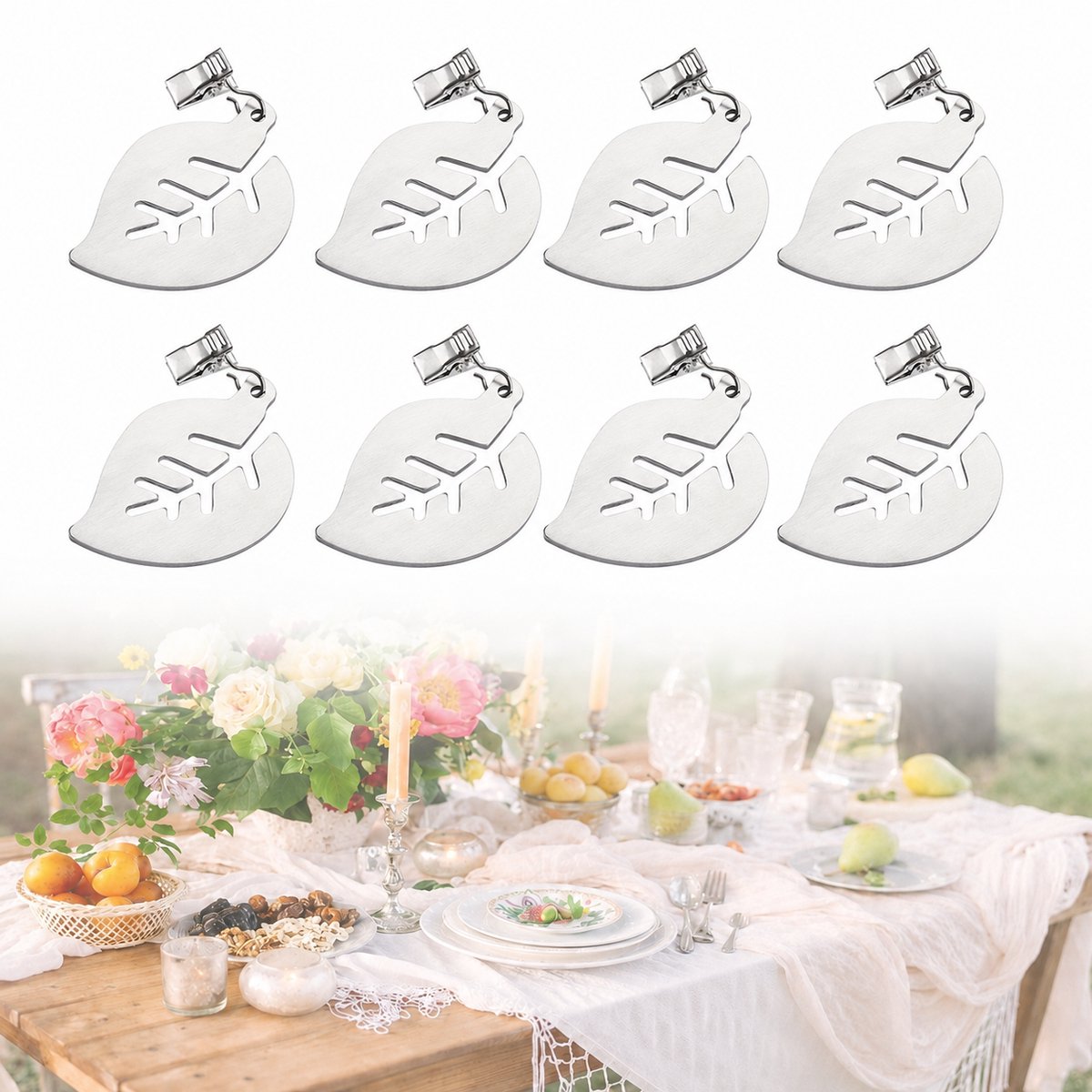 Tafelkleedgewichten - Set van 8 RVS gewichten met clips - Tafelkleedklemmen voor familiediner en picknick - Voor binnen en buiten - Bladstijl - 7cm - Zilver