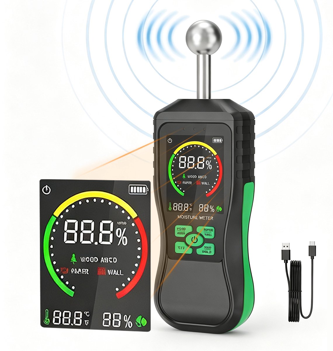 Fokelyi Vochtmeter Oplaadbaar - Vochtigheidsmeter Met Bol Sensor - Temperatuur En Vochtigheid -Oplaadbaar-Hygrometer-Hout, Bouw En Verpakking - Alarm En Kalibratie