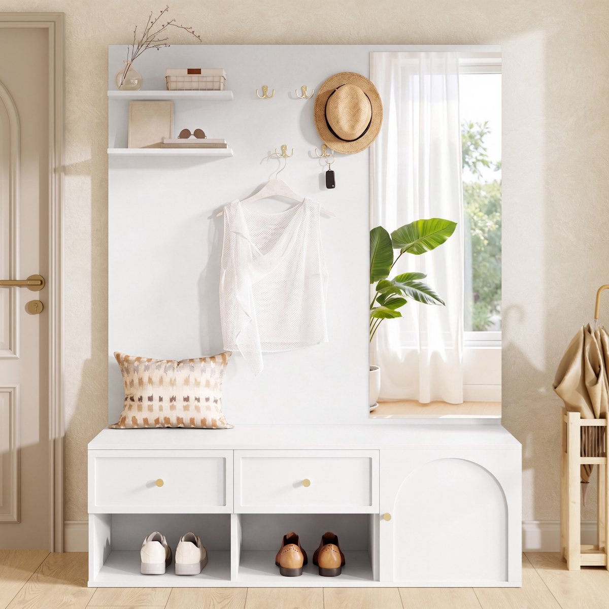 PHOEBE CAT Schoenenkast - Halmeubel - Wandgarderobe - 2 lades - Met opbergruimte - 5 haken - Inclusief spiegel - Wit