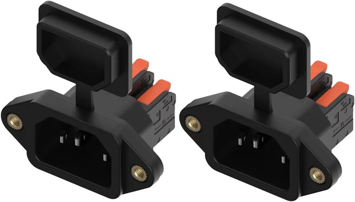 SnelShoppen - 2 Stuks C14 3-polige Inbouwsocket met Oranje Handvat, IEC Koel Socket, 10A 250V, Zwart, Waterdichte Doppen voor Koelapparaten, Camping,